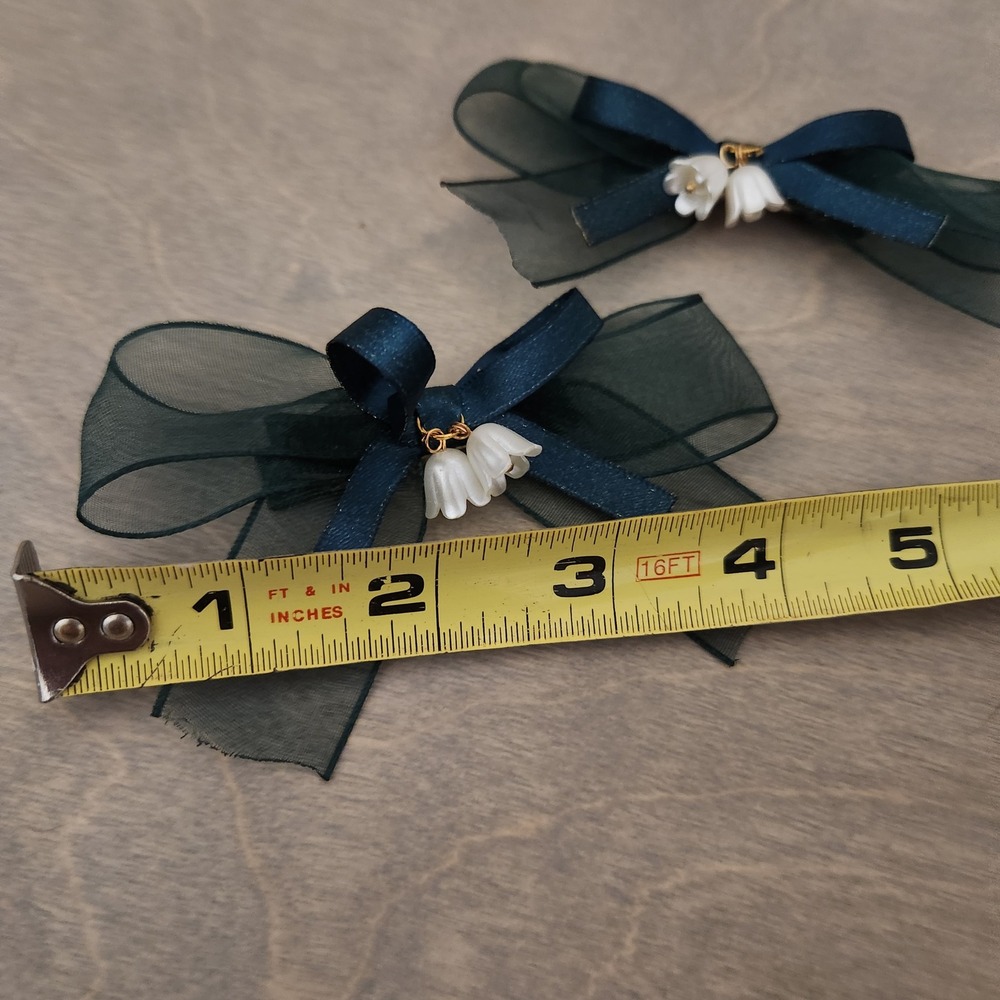 Bow Hair Clips Set‎ Teal Green Organza Lily of Valley Flower Alligator Clips - Picture 2 of 4
